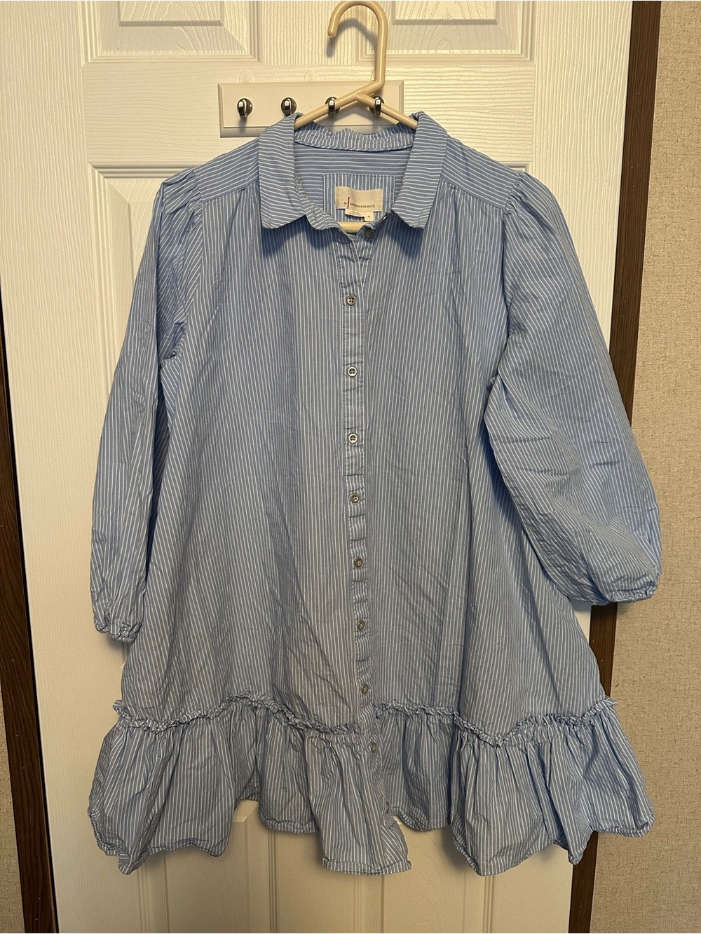 Anthropologie Sky Blue Striped Ruffle-Hem Midi Shirt Dress - Picture 2 of 10